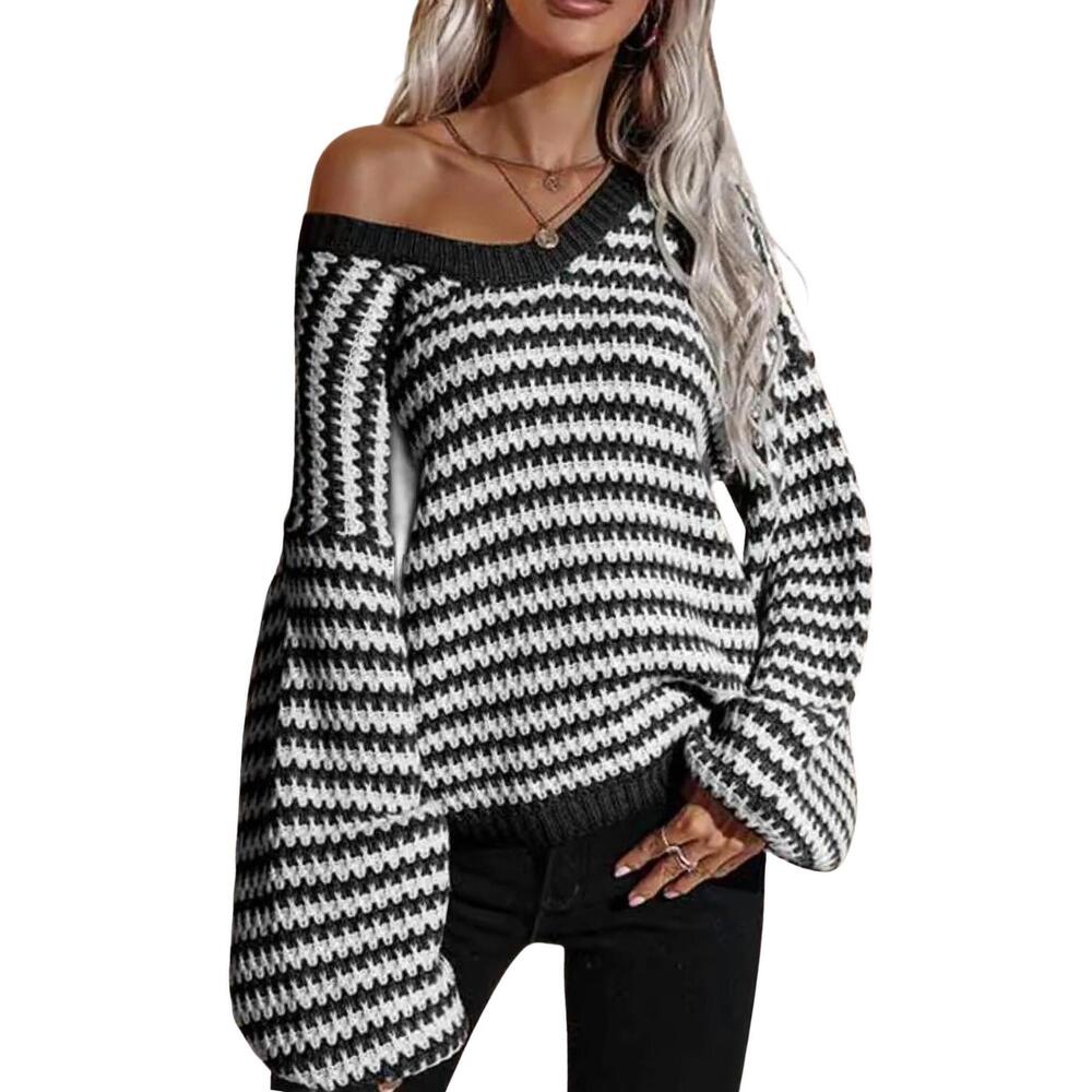 NEW ESLEY COLLECTION striped v-neck knit sweater in black/white